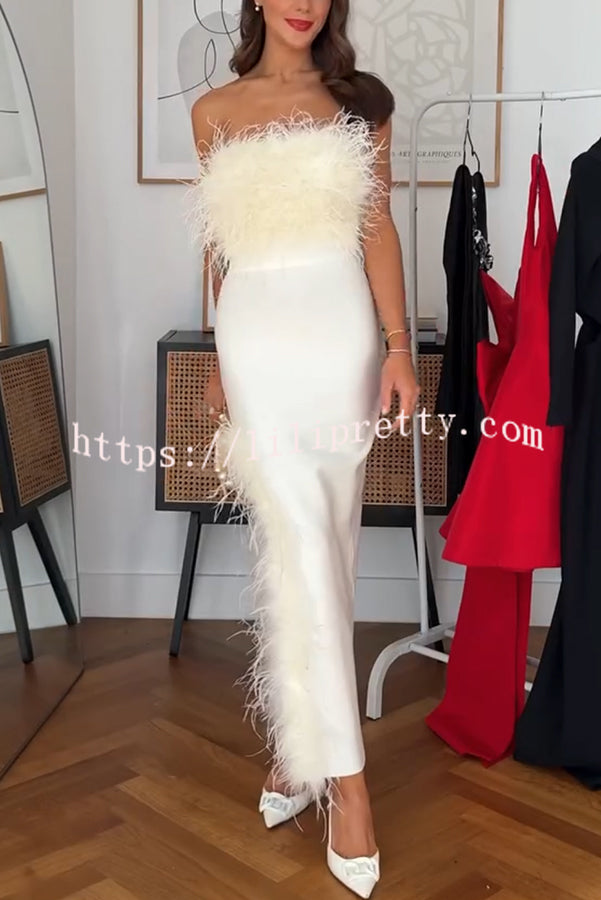 Retro and Glamorous Feather Trim Detail Bandeau Slit Stretch Midi Dress