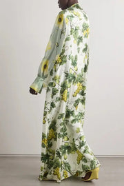 Floral Print Tie Neck Balloon Sleeves Elegant Maxi Dress