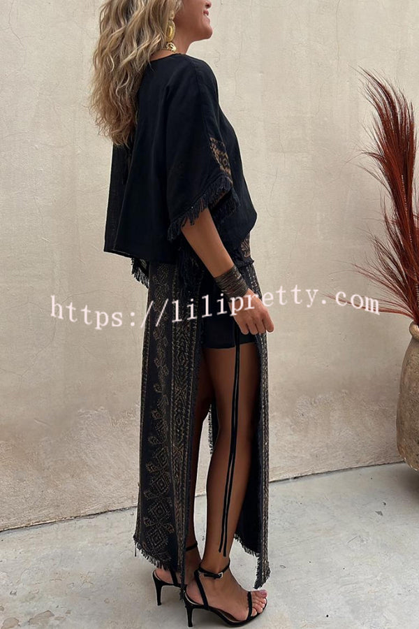 Lilipretty® Bianca Linen Blend Ethnic Print Tassel Trim Wide Sleeve Loose Top