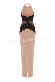 Sexy Halterneck Lace Paneled Backless Slim Maxi Dress