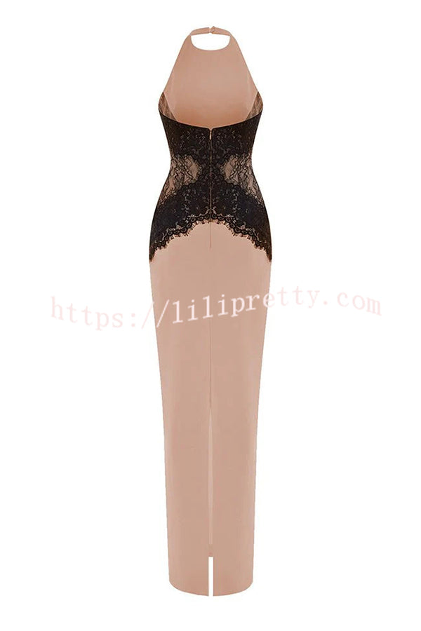 Sexy Halterneck Lace Paneled Backless Slim Maxi Dress