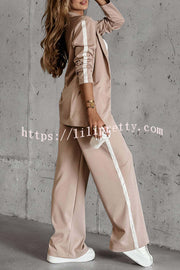 Working Casual Days Long Sleeve Lapel Blazer and Elastic Waist Pocket Straight Pants Set