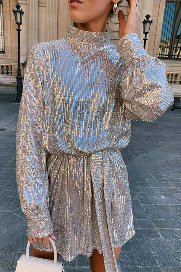 Fashionable Sequined Long-sleeved Belted Casual Mini Dress