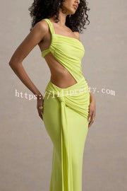Sexy One-shoulder Backless Ribbon Pleated Slim Maxi Dress