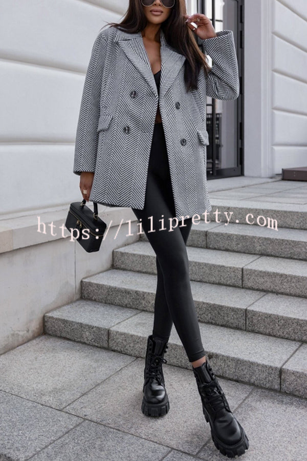 Fashion Stripe Print Lapel Pocket Coat