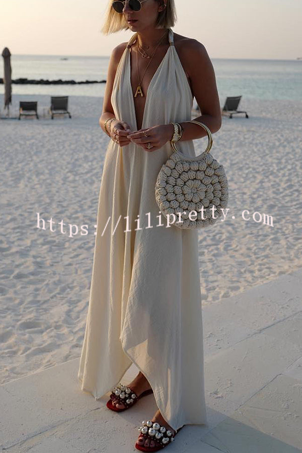 Lilipretty® Bali Dreams Linen Blend Leather Tassel Design Halter Backless Beach Maxi Dress