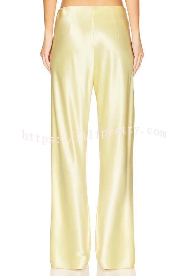 Odessa Satin Floral Lace Hem Strapless Tank and Mid Rise Wide Leg Pants Set