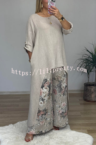 Linen Blend Crew Neck Long Sleeve Irregular Loose Top and Elastic Waist Floral Print Casual Pocket Set