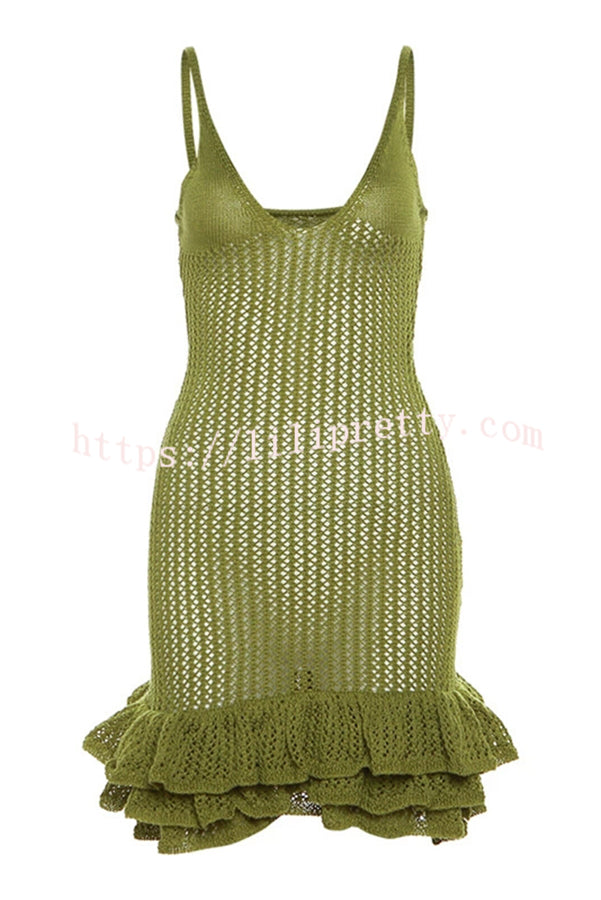 Bali Cutie Knit Layered Ruffle Pleats Hem Tank Stretch Mini Dress