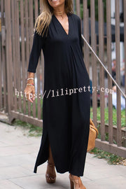 Solid Color V-neck Casual Slit Maxi Dress