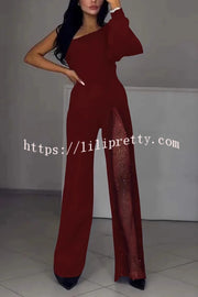 Fashionable Oblique Shoulder One-sleeve Sexy High Slit Slim Jumpsuit