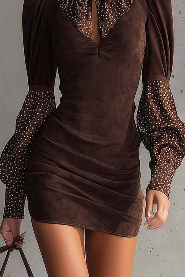 Stylish Suede Patchwork Slim-fit Long-sleeved Mini Dress