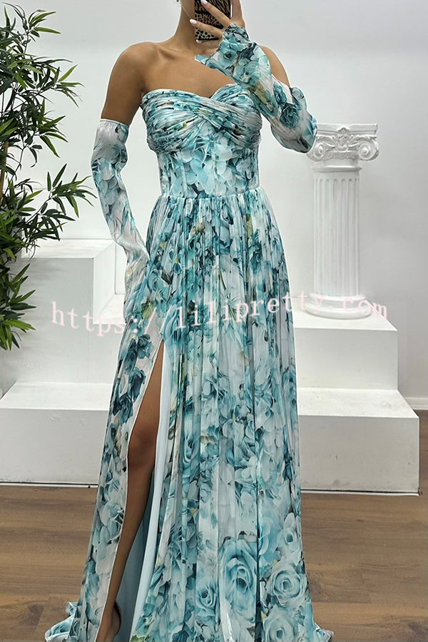 Reina Chiffon Floral Print Pleated Bodice Split Sleeve Strapless Slit Maxi Dress