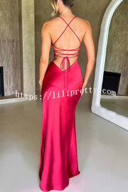 Satin Solid Color Sexy Backless Lace Up High Slit Maxi Dress