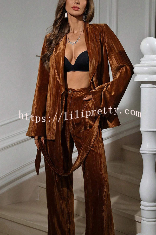 Solid Color Velvet Pleated Long-sleeved Tie Top and Casual Pocket Straight-leg Pants Set