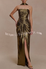 Clemence Plisse Metallic Fabric Reverse Halter Beck Strap Drape Slit Maxi Dress