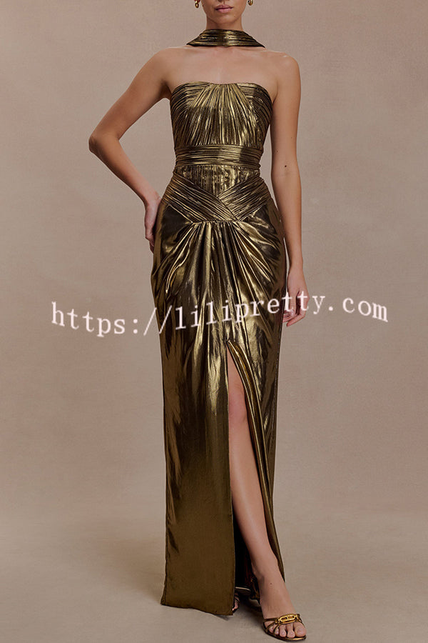 Clemence Plisse Metallic Fabric Reverse Halter Beck Strap Drape Slit Maxi Dress