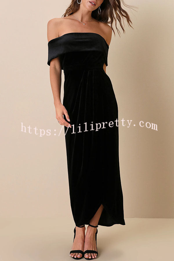 Lilipretty Enchanted Black Velvet Off The Shoulder Midi Dress