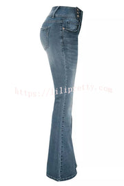 Vintage Side Button Pocket Mid-rise Flared Jeans