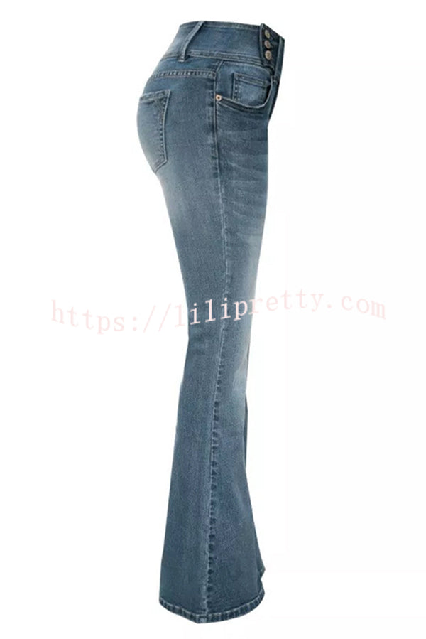 Vintage Side Button Pocket Mid-rise Flared Jeans