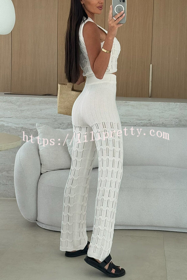 Solid Color Hollow Sleeveless Round Neck Knitted Vest and Stretch Casual Straight Pants Set