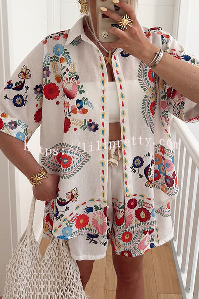 Linen Blend Floral Print Short Sleeve Loose Shirt and Elastic Waist Tie Casual Shorts Set