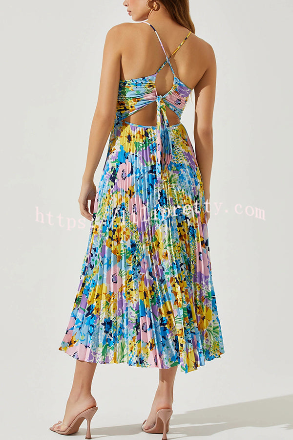 Wedding Party Season Floral Print Pleated Back Tie-up Midi Dress