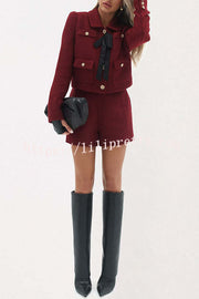 Sweet Dreams Tweed Bow Neck Button Long Sleeve Pocket Crop Jacket