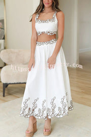 Perfect Vacation Embroidered Trim Crop Tank and Elastic Waist A-line Maxi Skirt Set