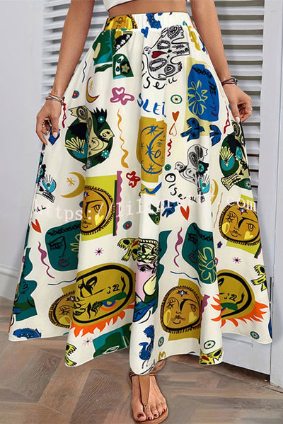 Unique Printed Elastic Waist and Large Hem Maxi Skirt