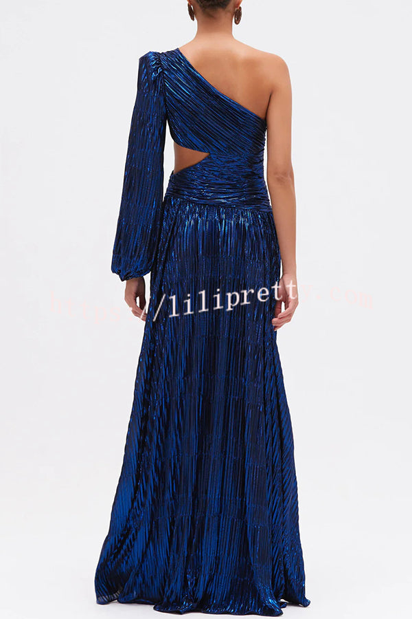 Dazzling Night Metallic Pleated One Shoulder Cutout Balloon Sleeve Gown Maxi Dress