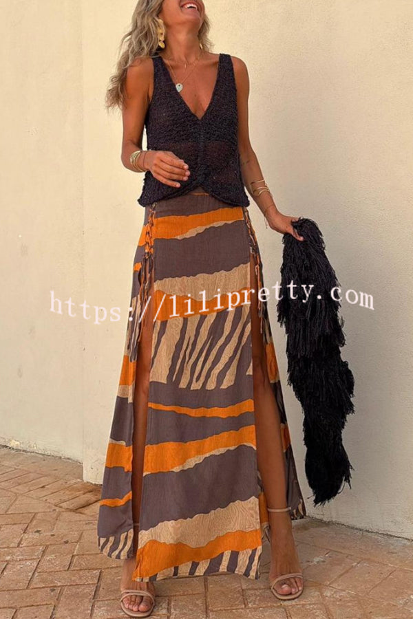 Lilipretty® Bendita Colorblock Print Elastic Waist Side Lace-up Slit Maxi Skirt