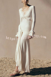 Fashion Lace Splicing Sexy V-neck Long-sleeved Slim Maxi Dress