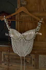 Mirina Hollow Crochet Knit Pearl Trim Heart Collar Crop Vacation Tank