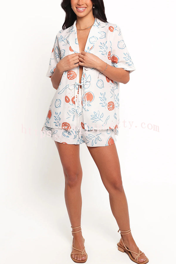 Graffiti Fruit Print Lapel Tie Short Sleeve Top and Elastic Waist Loose Pocket Shorts Set