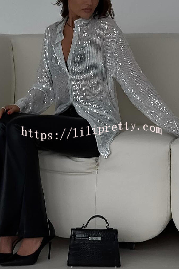 Fashion Sequin Lapel Long Sleeve Loose Shirt