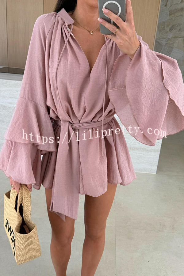 Solid Color V-neck Ruffled Long Sleeve Waist Tie Mini Dress