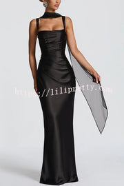 Calanthe Satin Square Neck Ruched Back Lace-up Drape Mesh Scarf Maxi Dress