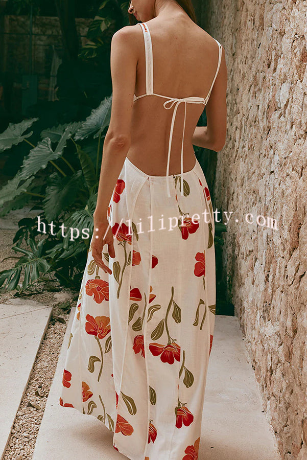 Eliska Linen Blend Poppy Print Cutout Contrast Trim A-line Maxi Dress