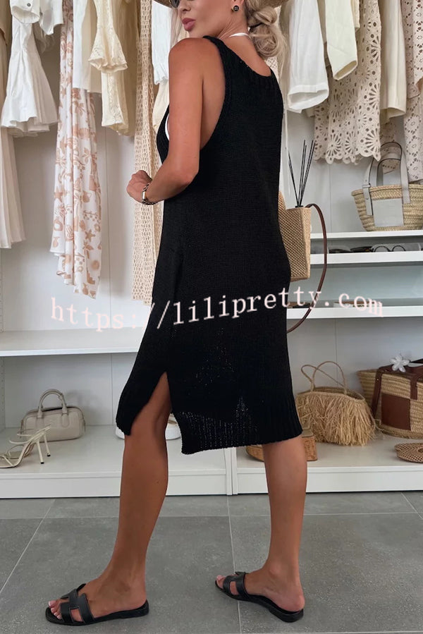 Solid Color V-Neck Sleeveless Casual Pocket Knitted Midi Dress