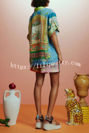 Unique Print Loose Short Sleeve Shirt and Elastic Waist Drawstring Pocket Shorts Set