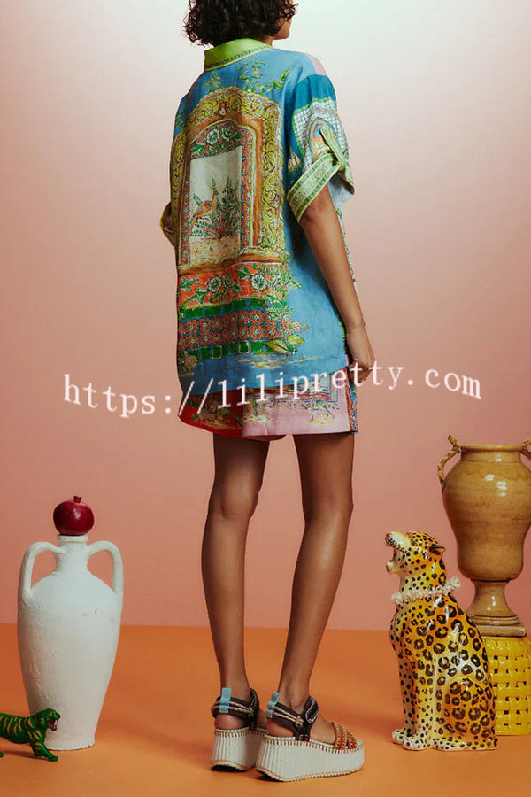 Unique Print Loose Short Sleeve Shirt and Elastic Waist Drawstring Pocket Shorts Set