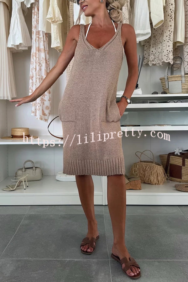 Solid Color V-Neck Sleeveless Casual Pocket Knitted Midi Dress