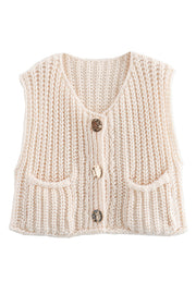 Solid Color Sleeveless Pocket Knitted Vest