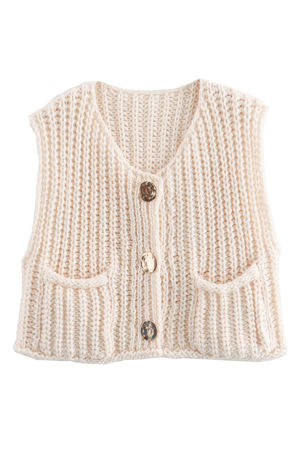 Solid Color Sleeveless Pocket Knitted Vest