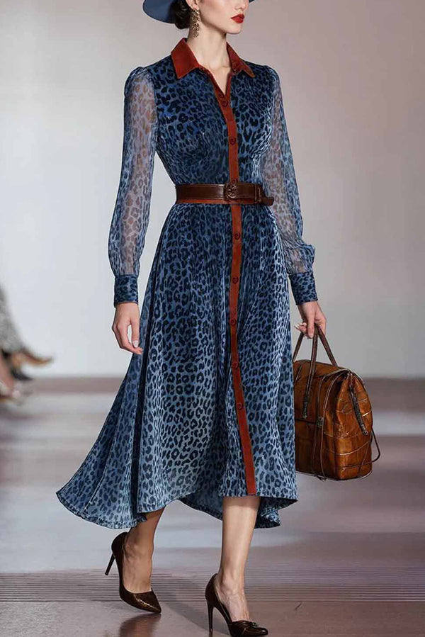 Stylish Leopard Print Long-sleeved Fitted Waist Elegant Midi Dress