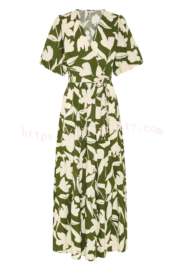 Unique Printed V-neck Puff Sleeves Tie Waist Midi Dress