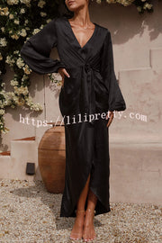 Lilipretty Naomi Satin Strappy V Neck Long Sleeved Wrap Dress