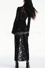 Garcelle Floral Lace Lace-up Long Bell Sleeve Slit Midi Dress