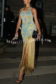 Unique Print Sleeveless Fitted Fringed Hem Maxi Dress